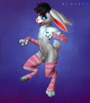 anthro blue_eyes blush buckteeth butt claws clothing digitigrade ears_back emo_hairstyle femboy fur gloves handwear legwear looking_at_viewer male paws pink_stockings pivoted_ears raised_tail realistic smile solo stockings tail teeth white_body white_fur dashy_digiart vield_nevellinya lagomorph leporid mammal rabbit hi_res