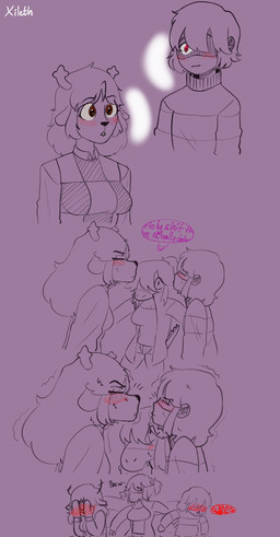 anthro being_watched blush blush_lines blushing_profusely bodily_fluids embarrassed female freckled_face freckles group imminent_kiss looking_at_another male motion_lines speech_bubble sweat text trio zytkal deltarune undertale_(series) kris_dreemurr noelle_holiday susie_(deltarune) deer human mammal reptile scalie comic hi_res