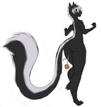 anthro black_body black_fur butt cork female fur long_tail looking_back multicolored_tail nude onomatopoeia simple_background solo sound_effects standing tail text necrothant dreamworks over_the_hedge stella_(over_the_hedge) mammal mephitid skunk 2019