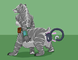 ambiguous_anthro ambiguous_gender ambiguous_prey anal anal_vore anthro anthro_prey anus belt breasts claws duo female female/ambiguous female_pred female_taur fur genitals green_background green_eyes grey_body grey_fur long_tail multiple_method_vore nipples partially_inside penetration quadruped short_tail simple_background striped_body striped_fur stripes tail taur_penetrated taur_pred tongue tongue_out tug_of_vore unbirthing vaginal vore vulva strega alien bear mammal mammal_taur taur hi_res