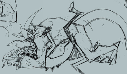 abdominal_bulge anal anthro bracelet claws duo from_front_position genitals hair horn jewelry lying male male/male missionary_position mohawk muscular muscular_male obscured_face on_back penetration penis ponytail sex size_difference sketchy spiked_bracelet spikes spikes_(anatomy) tail toe_claws spiceskeleton asian_mythology east_asian_mythology japanese_mythology mythology sega sonic_the_hedgehog_(series) the_deadly_six zavok zazz demon horned_humanoid humanoid oni yokai zeti zeti_(species) monochrome sketch