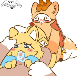 anthro blush blush_lines bodily_fluids cloven_hooves fellatio female genitals group hooves male male/female oral penile penis saliva sex trio snowy_(furrito_thicc) fabulous_beasts sibuxiang_the_deer_(fabulous_beasts) tuye_(fabulous_beasts) deer lagomorph leporid mammal rabbit