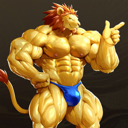 abs anthro big_muscles biped blue_clothing blue_thong blue_underwear brown_body brown_fur brown_mane bulge claws clothing finger_claws fist fluffy fluffy_tail fur gesture glistening glistening_arms glistening_body glistening_clothing glistening_eyes glistening_legs glistening_nose hair hand_gesture huge_muscles looking_at_viewer male mane monotone_body monotone_clothing monotone_fur monotone_hair monotone_underwear muscular muscular_anthro muscular_male navel nipples pecs pointing pose simple_background solo standing tail thong underwear vein veiny_muscles whiskers yellow_body yellow_eyes yellow_nose kurogon felid lion mammal pantherine 1:1 digital_media_(artwork) digital_painting_(artwork) hi_res painting_(artwork) portrait shaded soft_shading three-quarter_portrait yellow_theme