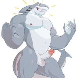 5_fingers anthro balls barazoku biceps clenched_teeth countershading erection fingers fist front_view genitals glans grey_body humanoid_genitalia humanoid_hands humanoid_penis low-angle_view male multicolored_body muscular muscular_anthro muscular_male navel nipples non-mammal_balls non-mammal_navel non-mammal_nipples nude_anthro nude_male open_mouth open_smile pecs penis simple_background smile solo tail teeth white_body yellow_eyes jrjresq aquatic fish shark 1:1 2021 hi_res portrait three-quarter_portrait