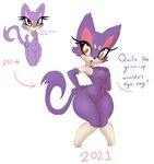 anthro biped breasts dialogue eyelashes fangs featureless_breasts female genitals glistening glistening_eyes hand_on_chest hand_on_hip navel orange_eyes purple_body pussy simple_background solo tan_body teeth text thick_thighs white_background bit-small nintendo pokemon generation_5_pokemon pokemon_(species) purrloin 2021 colored english_text hi_res