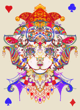 abstract_art anthro card clothing colorful_body ears_up fool's_hat fur hat headgear headwear horn jester looking_at_viewer male solo wearing_hat wool_(fur) reynard_goodfellow reynard_the_baa bovid caprine mammal sheep headshot_portrait hi_res portrait