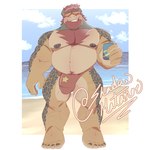 anthro barazoku beach beard belly beverage_can big_belly big_bulge big_muscles body_hair border bulge can chest_hair clothing cloud container day detailed_bulge eyebrows eyewear facial_hair front_view genital_outline hair holding_can holding_container holding_object horn huge_muscles male muscular muscular_anthro muscular_male navel nipples outside pecs penis_outline pubes sand seaside sky smile solo speedo standing sunglasses swimwear tattoo teeth text thick_thighs water white_border shadowmatamori mario_bros nintendo bowser koopa scalie 1:1 2021 absurd_res hi_res signature url