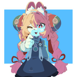 5_fingers accessory anthro border bow_ribbon braided_hair clothed clothing dress ear_piercing female fingers fur hair hair_accessory hair_ribbon inner_ear_fluff long_hair looking_at_viewer one_eye_closed open_mouth piercing pink_hair red_eyes ribbons simple_background smile solo tongue tuft white_body white_border white_fur wink mangedugruau mihoyo zenless_zone_zero zhao lagomorph leporid mammal rabbit thiren 2025 digital_media_(artwork) hi_res