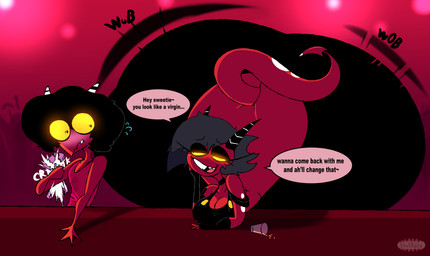 aroused bedroom_eyes big_breasts big_butt black_hair blush bouncing_butt breasts buckteeth butt choker clothed clothing duo female flustered hair huge_butt hyper hyper_butt jewelry mole_under_eye motion_lines narrowed_eyes necklace off_shoulder seductive speech_bubble teeth text yellow_sclera sharkbubble hellaverse helluva_boss millie_(helluva_boss) demon demon_humanoid humanoid imp 2024 english_text hi_res