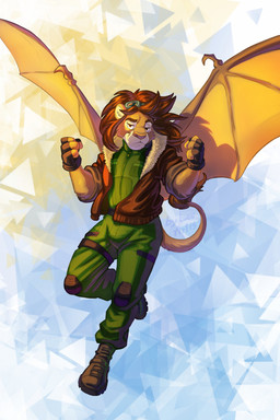 anthro back_wings boots brown_boots brown_clothing brown_footwear brown_jacket brown_topwear clothing eyewear eyewear_on_head fingerless_gloves flight_jacket flying footwear gloves goggles goggles_on_head green_jumpsuit handwear jacket looking_at_viewer male shoes solo spread_wings topwear wings leo-artis casandro felid lion mammal pantherine hi_res