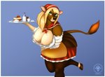 anthro apron bent_over big_breasts blonde_hair breasts brown_body brown_fur clothed clothing down_blouse dress female food fur green_eyes hair head_scarf hooves kerchief legwear neckerchief neckwear nipple_slip nipples solo thigh_highs waiter chromakoros alina_sweetnectar bovid bovine cattle mammal 2021