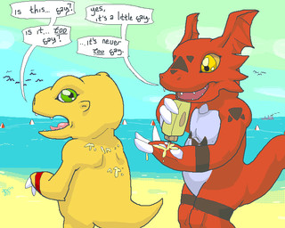 anthro beach claws detailed_background dialogue digital_hazard duo facial_markings green_eyes head_markings inverted_zero_unit male markings open_mouth outside red_body red_skin sand seaside sky slightly_chubby smile sunscreen symbol tail teeth text tongue yellow_body yellow_eyes yellow_skin zero_unit argon_vile bandai_namco digimon agumon digimon_(species) dinosaur guilmon prehistoric_species reptile saurischian scalie theropod 2010 5:4 aliasing digital_media_(artwork) english_text