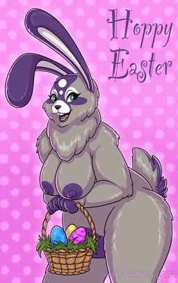 alternate_species anthro areola basket breasts brown_eyes buckteeth container curvy_figure dewlap_(anatomy) dotted_background easter_basket easter_egg eyelashes female fur grey_body grey_fur holidays markings nipples nude nude_female open_mouth pattern_background pink_background purple_areola purple_ears purple_markings purple_nipples scut_tail short_tail simple_background smile solo standing tail teeth text thick_thighs blacksheeptfs easter lagomorph leporid mammal rabbit 2023 absurd_res character_request colored digital_drawing_(artwork) digital_media_(artwork) english_text hi_res
