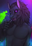 anthro black_body black_fur black_hair black_sclera fur hair looking_at_viewer male open_mouth purple_eyes smile solo teeth tongue ldr diego_(beta_krogoth) 2022 digital_media_(artwork) hi_res