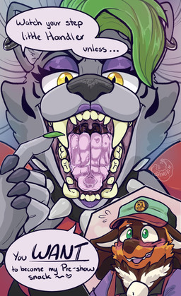 anthro clothing duo employee female fluffy headgear imminent_vore looking_at_viewer male male/female oral_vore piercing teeth text threatening_vore uvula vore breadbitedog five_nights_at_freddy's five_nights_at_freddy's:_security_breach nintendo pokemon scottgames steel_wool_studios pecan_(soulvixen) roxanne_wolf african_wild_dog canid canine canis generation_4_pokemon lucario mammal pokemon_(species) wolf english_text hi_res