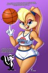 anthro ball basketball basketball_(ball) basketball_uniform blonde_hair blue_eyes buckteeth clothed clothing dialogue duo female hair looking_at_viewer male scut_tail short_tail simple_background sportswear tail teeth text tune_squad_outfit tune_squad_outfit_(1996) uniform atticuskotch looney_tunes space_jam space_jam:_a_new_legacy warner_brothers lola_bunny pepe_le_pew lagomorph leporid mammal mephitid rabbit skunk 2021 2:3 english_text hi_res