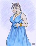 anthro black_hair blue_eyes bracelet breasts cleavage clothed clothing dress female hair horn jewelry looking_at_viewer necklace simple_background slightly_chubby smile solo standing rabbi-tom mythology equid equine mammal mythological_creature mythological_equine unicorn 2017 graphite_(artwork) portrait three-quarter_portrait traditional_media_(artwork)