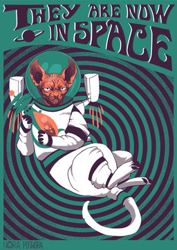 anthro big_ears black_eyes flying front_view grumpy hairless holding_object holding_weapon jet_pack looking_at_viewer male monotone_body monotone_face monotone_skin pink_body pink_ears pink_face pink_nose pink_skin poster poster_template pupils ranged_weapon raygun retrofuturism slit_pupils snout solo spacesuit text weapon woari domestic_cat felid feline felis hairless_cat mammal sphynx_(cat) 2016 digital_media_(artwork) english_text