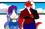 anthro big_breasts breasts clothed clothing dessert duo female food front_view fully_clothed hair ice_cream male non-mammal_breasts purple_hair romantic romantic_couple tail unknown_artist mythology amelia_cresci dragon mythological_creature mythological_scalie reptile scalie