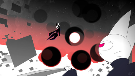 anthro cloak clothed clothing duo fight male melee_weapon portal space sword weapon l.s.cat nero_(l.s.cat) felid feline mammal unknown_species 16:9 hi_res widescreen