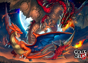 ambiguous_gender attack battle claws detailed_background duo feral fire membrane_(anatomy) membranous_wings moon mountain sky spikes tail text wings sa-dui capcom monster_hunter mythology nintendo pokemon dragon flying_wyvern generation_6_pokemon mega_charizard mega_charizard_y mega_evolution mythological_creature mythological_scalie pokemon_(species) rath_wyvern rathalos scalie crossover english_text