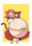 belly big_belly bodily_fluids breasts female hair huge_belly pasties pregnant pregnant_female red_hair simple_background solo stick sweat tail gunbangjindog journey_to_the_west sun_wukong haplorhine mammal monkey primate absurd_res hi_res