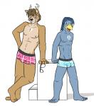 anthro blue_clothing blue_underwear bulge clothed clothing duo male navel nipples pink_clothing pink_underwear simple_background topless underwear white_background fuze texnatsu casey_ramser josh_oliver avian bird bluebird deer mammal oscine passerine thrush_(bird) absurd_res hi_res