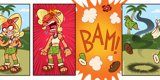 angry anthro blonde_hair bottomwear clothed clothing cross-popping_vein death explosion feet female female_death footwear green_eyes hair humor midriff navel open_mouth sandals screaming screen screen_face shirt shoes simple_background skirt solo spontaneous_combustion teeth toes tongue topwear luchosfactory activision crash_bandicoot_(series) coco_bandicoot bandicoot mammal marsupial absurd_res comic digital_media_(artwork) hi_res one_page_comic