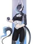 2023 5_fingers amur anthro black_hair blue_eyes breasts canid canine clothed clothing digital_media_(artwork) eyebrows eyelashes female fingers hair hi_res hybrid mammal solo standing