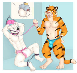 anthro bodily_fluids chastity_cage chastity_device clean_diaper clothed clothing collar diaper dominant duo genital_fluids genitals handwear leash lock male male/male mittens padlock penis precum wearing_diaper pukaa bear felid mammal pantherine polar_bear tiger ursine absurd_res hi_res