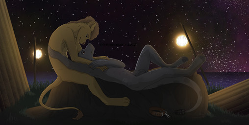 animal_genitalia anthro balls bedding blanket detailed_background duo eye_contact fully_sheathed genitals gift grass lamp lantern looking_at_another love lying male male/male night nipples outside paws piercing pillar plant rattle_(anatomy) seaside sheath sitting star water thathornycat capitoline_ranch fallout microsoft eisen_(frostfur101) tab_(thathornycat) felid lion mammal night_stalker_(fallout) pantherine absurd_res hi_res