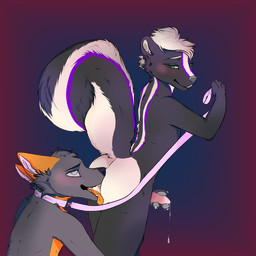 anal anthro anthro_on_anthro bodily_fluids butt collar cum cum_drip dripping duo ejaculation erection fur genital_fluids genitals grey_body grey_fur leash leash_pull leashed_collar licking male male/male nude oral orange_body orange_fur penis purple_body purple_fur rimming sex simple_background slim standing tongue tongue_out white_body white_fur bencent bencent_(bencent) canid canine fox mammal mephitid skunk 1:1 absurd_res alpha_channel hi_res