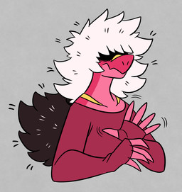 5_fingers ambiguous_gender anthro black_hair clothing fingers gesture hair long_hair markings messy_hair motion_lines multicolored_body multicolored_hair obscured_eyes pink_body ponytail red_clothing red_shirt red_topwear shirt solo topwear two_tone_body two_tone_hair waving white_hair yellow_markings nerdyreindeer mythology dragon mythological_creature mythological_scalie reptile scalie 2026