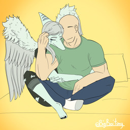anthro bald bed biped black_bottomwear black_clothing black_pants black_shirt black_topwear bone_frill bottomwear canon_couple clothed clothed_anthro clothed_female clothed_human clothed_male clothing denim denim_bottomwear denim_clothing duo elbow_feathers eyes_closed feathered_wings feathers feet female fingers footwear frill_(anatomy) furniture green_clothing green_shirt green_topwear grey_body grey_feathers grey_hair hair happy hug hugging_another hugging_from_behind human_on_anthro humanoid_feet humanoid_hands interspecies jeans male male/female markings nuzzling on_bed pants pillow plantigrade romantic romantic_couple shirt sitting socks striped_markings stripes toes topwear torn_bottomwear torn_clothing torn_pants wings bigboitony cavemanon_studios goodbye_volcano_high ko_op_(game_developer) snoot_game anon_(snoot_game) fang_(gvh) human mammal prehistoric_species pterosaur reptile scalie 1:1 absurd_res colored hi_res shaded