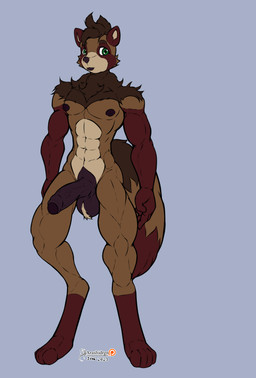 axe balls fur genitals hair male melee_weapon muscular nude penis simple_background solo weapon arashidrgn canid canine mammal raccoon_dog tanuki 2023 absurd_res hi_res model_sheet