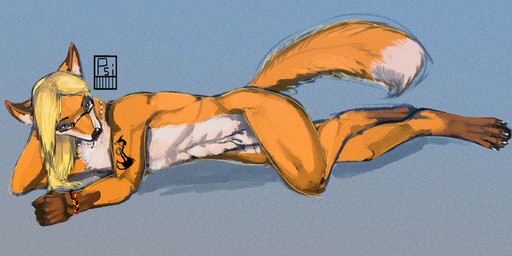 animal_genitalia anthro arm_tattoo athletic athletic_anthro athletic_male blonde_hair blue_eyes bracelet countershade_crotch countershade_face countershade_torso countershading dipstick_tail eyewear fully_sheathed fur genitals glasses gloves_(marking) hair jewelry leg_markings lying male male_anthro markings necklace nude nude_anthro nude_male on_side orange_body orange_fur sheath simple_background socks_(marking) solo tail tail_markings tan_body tan_fur tattoo wearing_glasses i-psilone jcfox canid canine fox mammal red_fox true_fox 2015