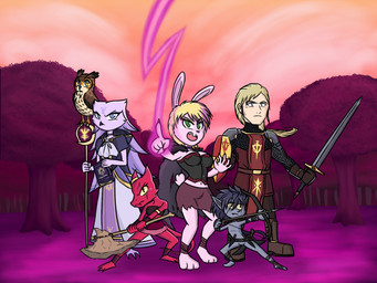 ambiguous_gender anthro armor barbarian blonde_hair female forest gold_(metal) gold_jewelry green_eyes grey_hair group hair jewelry magic magic_user male paladin party pink_body plant pose purple_body red_body rogue tree white_body yellow_eyes anonymous_artist dungeons_and_dragons hasbro wizards_of_the_coast milky_rivas avian bird goblin human humanoid kobold lagomorph leporid mammal owl owlin rabbit scalie hi_res