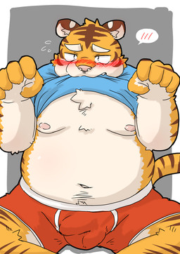 anthro belly biped blush bulge clothing humanoid_hands male moobs navel nipples overweight overweight_anthro overweight_male pink_nose simple_background sitting solo underwear kotadash felid mammal pantherine tiger 2015