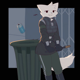 anthro armor baton belt black_clothing black_gloves black_handwear clothed clothing electroshock_weapon fur gloves handwear looking_at_viewer male solo stun_baton tin_can trash_can weapon white_body white_fur fefovipi boy_kisser_(meme) half-life half-life_2 valve silly_cat_(mauzymice) domestic_cat felid feline felis mammal 1:1 absurd_res hi_res meme