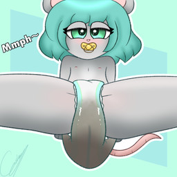 anthro bodily_fluids close-up diaper feces female flat_chested genital_fluids pacifier pooping saggy soiled_diaper solo spread_legs spreading unclean_diaper urine used_diaper wet_diaper young eebeestoof mammal mouse murid murine rat rodent 1:1 absurd_res hi_res