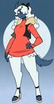 accessory anthro breasts clothing cropped_jacket female footwear fur hair hair_accessory high_heels long_hair red_eyes shoes solo white_body white_fur nerdyreindeer nintendo pokemon absol generation_3_pokemon mammal pokemon_(species) hi_res