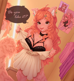 accessory anthro bangs belt bite biting_lip black_bra black_claws black_clothing black_collar black_underwear bra breasts brown_eyes chest_tuft claws clothing collar collar_tag collarbone dress ear_piercing eyebrows female fluffy fluffy_tail fur hair hair_accessory hairclip high-angle_view inside long_hair looking_at_viewer medium_breasts monotone_body monotone_fur monotone_hair piercing pink_body pink_eyebrows pink_fur pink_hair pink_nose smile solo speech_bubble tail talking_to_viewer teeth text tuft underwear white_belt white_clothing white_dress white_inner_ear sugarrrpeach domestic_cat felid feline felis mammal 2023 colored digital_drawing_(artwork) digital_media_(artwork) english_text hi_res shaded
