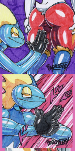 anthro black_clothing black_gloves black_handwear blue_body blush butt clothing duo gloves handwear humor imminent_anal imminent_fingering kancho latex latex_clothing latex_gloves latex_handwear male male/male reaction_shot shocked text white_body wide_hips yellow_eyes parasitedeath arc_system_works guilty_gear jojo's_bizarre_adventure nintendo pokemon to_be_continued_meme cinderace generation_8_pokemon inteleon pokemon_(species) 2021 english_text hi_res meme traditional_media_(artwork)