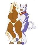 anthro belly big_belly big_breasts breasts brown_body brown_fur cowbell duo female female/female fur on_lap purple_body purple_fur sitting_on_lap slightly_chubby white_body white_fur masskaract dreamworks milka spirit:_stallion_of_the_cimarron rain_(cimarron) bovid bovine cattle equid equine horse mammal hi_res