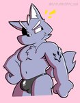 anthro bulge clothing eye_patch eyewear jewelry male male/male necklace solo speedo swimwear tattoo saturn_space_04 nintendo star_fox wolf_o'donnell canid canine canis mammal wolf absurd_res hi_res