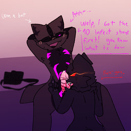 ambiguous_gender angry anthro anthro_on_anthro black_body black_fur blush blush_lines bodily_fluids clothing crotch_tuft dialogue duo fur genital_fluids genitals gesture gloves grey_body grey_fur hand_gesture handwear interspecies leaking_precum licking male middle_finger multicolored_body multicolored_fur night_vision_goggles open_mouth oral penile penis penis_lick precum precum_on_penis purple_eyes purple_stripes red_sclera saliva saliva_on_penis saliva_on_tongue saliva_string sex sitting stripes talking_to_another text tongue tuft yellow_eyes wondom kaiju_paradise felid gootraxian lizard mammal nightcrawler_gootraxian panther_gootraxian pantherine reptile scalie 1:1 2022 english_text