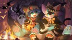 anthro blue_body blue_eyes blue_fur blue_hair campfire candy clothing costume dessert duo food fruit fur hair halloween_costume holidays kemono male male/male plant pumpkin hlg7777 halloween fructose_(fructose_c) mikey_(mikey_fox) canid canine fox mammal