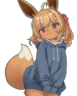 accessory ahoge anthro anthrofied blush bottomless brown_body brown_fur brown_hair clothed clothed_anthro clothed_male clothing femboy fur hair hair_accessory hair_ribbon hoodie hoodie_only kemono looking_at_viewer male male_anthro pokemorph ribbons simple_background smug solo tail topwear topwear_only twintails_(hairstyle) white_background young young_anthro young_male neko_t_chan nintendo pokemon eevee generation_1_pokemon pokemon_(species) 2025 4:5 alternate_version_at_source digital_media_(artwork) hi_res portrait three-quarter_portrait translated_description