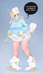 anthro belly big_belly clothed clothing clothing_lift dress dress_lift female fur hooves horn huge_belly legwear nipple_outline pregnant pregnant_female raised_clothing solo stockings text white_body white_fur kyoriichi bovid caprine mammal sheep absurd_res better_version_at_source english_text hi_res