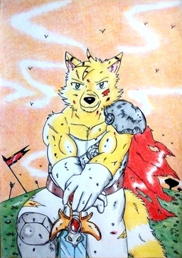 anthro armor barazoku battlefield biceps black_nose broken_armor cape clothed clothing footwear fur gloves grass green_eyes handwear holding_object holding_weapon knee_pads male manly melee_weapon musclegut muscular muscular_anthro muscular_male outside plant red_cape red_clothing scar scars_all_over shoulder_pads solo sword tail topwear torn_clothing warrior weapon white_clothing white_topwear wounded yellow_body yellow_fur dashthefox dashfox canid canine fox mammal absurd_res colored_pencil_(artwork) hi_res traditional_media_(artwork)